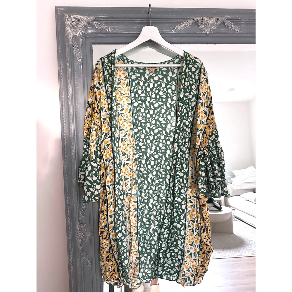 Democracy Colorful Tulip Print Kimono Cardigan Open Front Ruffle Bell Sleeve S/M - Picture 3 of 8